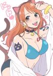  1girl animal_ears bare_shoulders bell bikini bikini_top_only blush bracelet breasts brown_eyes cat_day cat_earrings cat_ears cat_tail chiya_op choker cleavage commentary_request earrings fang hand_up heart highres jewelry jingle_bell large_breasts long_hair looking_at_viewer midriff nami_(one_piece) neck_bell one_piece open_mouth orange_hair paw_pose short_shorts shorts shoulder_tattoo single_sidelock solo swimsuit tail tattoo teeth tongue tongue_out upper_teeth_only white_background 