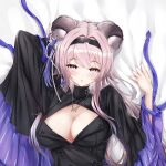  1girl :o animal_ear_fluff animal_ears arknights arm_up bangs bed_sheet black_dress black_hairband blush breasts brown_eyes cirnos cleavage cleavage_cutout clothing_cutout dress frilled_sleeves frills hairband jewelry large_breasts lin_(arknights) long_hair long_sleeves looking_at_viewer lying mouse_ears necklace on_back on_bed parted_bangs pink_hair sheet_grab solo tassel upper_body wide_sleeves 
