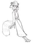  2023 3_toes anthro claws cloche_hat clothing coat feet female hat headgear headwear hi_res lenyavok mammal monochrome nicky_(lenyavok) procyonid raccoon smile solo toes topwear trenchcoat 