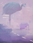  1boy bird car city commentary_request creature fog ground_vehicle hiding highres motor_vehicle original outdoors road road_sign sign toy(e) traffic_light urban yuugai_choujuu 