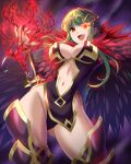  1girl :d absurdres alternate_eye_color black_feathers breasts center_opening cleavage corruption dark_persona feathers fire fire_emblem fire_emblem:_mystery_of_the_emblem flaming_eye green_hair groin highres large_breasts leotard long_hair navel palla_(fire_emblem) purple_background red_eyes revealing_clothes sirano smile solo thighhighs tiara 