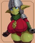  2023 absurd_res armor big_breasts blue_eyes breasts cleavage clothed clothing cranihum female freckles goblin green_body green_skin headgear helmet hi_res huge_breasts humanoid humanoid_pointy_ears not_furry simple_background smile solo thick_thighs wide_hips 