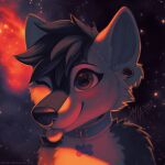  1:1 2023 anthro black_body black_fur black_hair black_nose blep blue_collar bust_portrait canid cheek_tuft closed_smile collar cosmic_background dated ear_piercing facial_piercing facial_tuft female fur gauged_ear grey_eyes hair hi_res mammal mouth_closed mylafox nebula nose_piercing nose_ring nude piercing portrait ring_piercing septum_piercing septum_ring shoulder_tuft signature solo space space_background star text tongue tongue_out tuft url white_body white_fur 