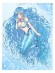  1girl absurdly_long_hair absurdres bangs bare_shoulders blue_background blue_eyes blue_hair bracelet breasts cleavage collarbone commentary earrings full_body hair_between_eyes hair_ornament hand_up highres houshou_hanon houshou_hanon_(mermaid) jewelry long_hair looking_at_viewer lpp_bitshies medium_breasts mermaid mermaid_melody_pichi_pichi_pitch monster_girl navel necklace parted_lips pearl_bracelet shell shell_bikini shell_necklace sidelocks solo sparkle star_(symbol) star_earrings star_hair_ornament stomach tail tail_ornament very_long_hair 