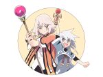  1boy 1girl age_difference azuma_yukihiko blue_eyes genis_sage grey_eyes grey_hair highres holding holding_staff holding_toy kendama long_sleeves looking_at_another medium_hair raine_sage staff tales_of_(series) tales_of_symphonia toy white_hair 