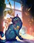  animal animal_ear_fluff artist_name blue_sky cat cloud commentary day english_commentary fish fishbowl full_moon goldfish highres indoors looking_at_viewer moon no_humans original plant sky space water window yellow_eyes yuumei 