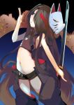  1girl albacrow_ill black_hair black_surge_night blood blood_in_hair blue_eyes chaps commentary_request flat_chest fox_mask highres holding holding_sword holding_weapon katana mask mask_on_head midriff navel oyashio_(black_surge_night) sleeveless sword weapon 
