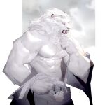  1boy abs animal_ears bara bare_pectorals furry furry_male highres large_pectorals lion_boy lion_ears male_focus muscular muscular_male nipples open_clothes original pectorals short_hair solo white_fur wincalblanke 