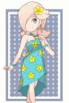  1girl bare_shoulders blonde_hair blue_eyes border chocomiru dress dress_swimsuit earrings flower hair_flower hair_ornament hair_over_one_eye jewelry long_hair mario_(series) mario_kart mario_kart_tour official_alternate_costume rosalina rosalina_(swimwear) simple_background sleeveless sleeveless_dress swimsuit white_border yellow_flower 