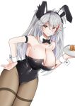  1girl absurdres alternate_costume animal_ears azur_lane black_leotard bow bowtie breasts brown_pantyhose detached_collar dutch_angle fake_animal_ears grey_hair highleg highleg_leotard highres holding holding_tray huge_breasts j_yak47 leotard mole mole_on_breast multicolored_hair orange_eyes pantyhose playboy_bunny prinz_eugen_(azur_lane) rabbit_ears red_hair simple_background solo strapless strapless_leotard streaked_hair thighband_pantyhose tray two-tone_hair white_background wrist_cuffs 