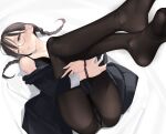  1girl ama_mitsuki ass ass_focus bdsm black_bra black_coat black_hair black_pantyhose black_skirt blush bondage bound bound_wrists bra braid breasts brown_eyes coat collarbone feet foreshortening full_body glasses gusset head_tilt highres hugging_own_legs legs long_hair long_sleeves looking_at_viewer lying no_shoes off_shoulder on_back one_eye_closed open_clothes open_coat original pantyhose parted_lips semi-rimless_eyewear skirt small_breasts soles solo toes twin_braids under-rim_eyewear underwear upskirt 