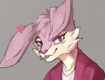  &lt;3 2023 anthro bust_portrait cheek_tuft clothing digital_drawing_(artwork) digital_media_(artwork) facial_tuft female floppy_ears fur grey_background happy head_tuft hi_res jacket lagomorph leporid li0kami long_ears mammal pink_body pink_eyes pink_fur portrait rabbit red_clothing red_jacket red_topwear riley_(scratch21) scratch21 shirt simple_background smile solo tan_body tan_fur tongue tongue_out topwear tuft white_clothing white_shirt white_topwear 