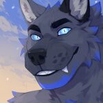  1:1 anthro black_ears black_eyebrows black_nose blue_body blue_eyes blue_fur bust_portrait canid cheek_tuft corzh77 eyebrows facial_tuft fangs fur grey_ears grin hi_res looking_at_viewer male mammal nude portrait pupils shoulder_tuft sky_background slit_pupils smile solo teeth tuft whiskers 
