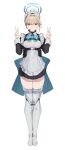  1girl absurdres apron bangs blue_archive blue_eyes breasts double_v frills full_body halo highres looking_at_viewer maid_apron maid_headdress mung_(larnec) neck_ribbon ribbon simple_background solo thighhighs toki_(blue_archive) v white_background white_thighhighs 