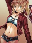  1girl bandeau belt blonde_hair breasts brown_background brown_belt cleavage_cutout clothing_cutout commentary_request fate/apocrypha fate_(series) green_eyes holding holding_sword holding_weapon jacket jewelry lo_lis micro_shorts midriff mordred_(fate) mordred_(fate/apocrypha) mordred_(memories_at_trifas)_(fate) navel necklace ponytail red_jacket shorts signature small_breasts smile solo sword upper_body weapon 