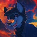  1:1 2023 anthro black_body black_clothing black_fur black_topwear blue_clothing blue_eyes blue_jacket blue_topwear bust_portrait canid clothed clothing cloud dated fangs fur glistening glistening_eyes happy hi_res jacket looking_at_viewer male mammal mylafox night one_eye_closed open_mouth open_smile portrait red_tongue signature sky_background smile solo star teeth text tongue topwear url white_body white_fur 
