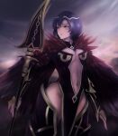  1girl black_feathers blue_eyes blue_hair breasts catria_(fire_emblem) center_opening cleavage feathers fire_emblem fire_emblem_echoes:_shadows_of_valentia gauntlets groin headband highres holding holding_polearm holding_weapon leonmandala medium_breasts navel polearm revealing_clothes short_hair spear sunlight tiara weapon white_headband 