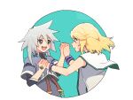 2boys azuma_yukihiko blonde_hair blue_eyes bracelet gem genis_sage green_eyes highres holding_hands jewelry looking_at_another male_focus medium_hair mithos_yggdrasill multiple_boys open_mouth short_sleeves tales_of_(series) tales_of_symphonia white_hair yaoi 
