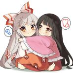  2girls :&lt; ? baggy_pants bangs barefoot black_hair blush bow chibi closed_mouth commentary_request frilled_sleeves frills fujiwara_no_mokou grey_hair hair_bow heart highres houraisan_kaguya hug long_hair looking_at_another multiple_girls orange_eyes pants red_pants red_skirt shirt skirt spoken_heart spoken_question_mark suspenders tatuhiro touhou two-tone_bow white_shirt wide_sleeves 