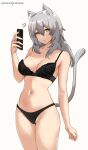  1girl absurdres animal_ear_fluff animal_ears bare_arms bare_shoulders black_bra black_panties bra breasts cat_ears cat_tail cleavage commentary_request cowboy_shot grey_background grey_hair groin hair_between_eyes hand_up highres hioyami holding honkai:_star_rail honkai_(series) kemonomimi_mode large_breasts long_hair looking_at_viewer navel panties parted_lips simple_background solo standing stomach tail thighs trailblazer_(honkai:_star_rail) underwear underwear_only yellow_eyes 