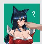  1girl ahri_(league_of_legends) angry animal_ears bangs bare_shoulders black_hair breasts cheek_pinching cheek_pull coconut_art collarbone confused facial_mark fox_ears fox_girl hand_on_another&#039;s_cheek hand_on_another&#039;s_face kitsune kumiho league_of_legends non-web_source pinching simple_background whisker_markings 
