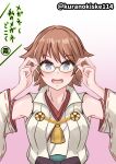  1girl adjusting_eyewear bangs bespectacled blue_eyes blush breasts brown_hair character_name circle detached_sleeves flipped_hair glasses gradient_background green-framed_eyewear hair_flaps hands_up hiei_(kancolle) hiei_kai_ni_(kancolle) highres japanese_clothes kanji kantai_collection kirishima_(kancolle) kurano_kisuke large_breasts looking_at_viewer looking_for_glasses one-hour_drawing_challenge open_collar open_mouth pink_background popped_collar purple_eyes ribbon-trimmed_sleeves ribbon_trim short_hair solo tassel tongue translated twitter_username upper_body white_background 