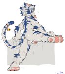  4_toes anthro balls blue_body blue_fur butt claws condom feet felid fur genitals hi_res humanoid_genitalia humanoid_penis legs_up looking_back male mammal milkytiger1145 pantherine pawpads penis pink_pawpads rear_view red_eyes sexual_barrier_device solo stripes tiger toes white_body white_fur 