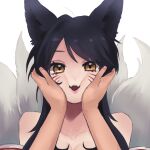  1girl ahri_(league_of_legends) animal_ears artist_request bangs bare_shoulders black_hair cheek_press cheek_squash collarbone face_grab facial_mark fluffy fox_ears fox_girl fox_tail hand_on_another&#039;s_cheek hand_on_another&#039;s_face highres kitsune kumiho league_of_legends long_hair looking_at_viewer non-web_source open_mouth simple_background smile tail whisker_markings yellow_eyes 