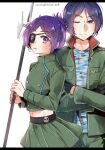  1boy 1girl character_request commentary copyright_request eyepatch green_jacket green_skirt holding holding_polearm holding_weapon jacket midriff miniskirt navel one_eye_closed pleated_skirt polearm purple_eyes purple_hair short_hair skirt smile symbol-only_commentary tianel_ent weapon 