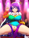  3girls :o ? bag bangs bar_censor belt blue_eyes blue_hair boots breasts bright_pupils cape censored cleft_of_venus commentary_request fox_tail highres iizunamaru_megumu index_finger_raised indoors kudamaki_tsukasa large_breasts looking_down multicolored_clothes multiple_girls nipples open_mouth peso_(cheese_company) purple_footwear short_hair shoulder_guard solo_focus squatting tail tenkyuu_chimata thighs touhou wardrobe_malfunction white_cape white_pupils zipper 