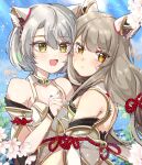  2girls animal_ears blue_sky cat_ears chest_jewel cosplay detached_sleeves ear_covers facial_mark flower light_blush long_hair low_twintails multiple_girls nia_(blade)_(xenoblade) nia_(blade)_(xenoblade)_(cosplay) nia_(xenoblade) open_mouth short_hair sky smile twintails upper_body very_long_hair xenoblade_chronicles_(series) xenoblade_chronicles_2 xenoblade_chronicles_3 yellow_eyes zer00han 