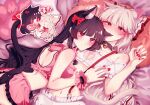  2girls absurdres animal_ear_fluff animal_ears ass bangs bed bed_sheet bell biting black_hair blunt_bangs blush breasts cat_ears chibi chibi_inset cleavage_cutout closed_mouth clothing_cutout ear_biting fang flustered frilled_pillow frills fujiwara_no_mokou highres houraisan_kaguya kemonomimi_mode long_hair looking_at_another lying medium_breasts multiple_girls nail_polish neck_bell on_back on_bed pillow red_eyes red_nails skin_fang slit_pupils smile somei_ooo touhou yuri 