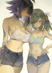  2girls arm_behind_back arm_tattoo bangs bare_shoulders breasts choker cleavage crop_top cutoffs ear_piercing earrings fang green_hair hair_over_one_eye halterneck hand_on_hip highres jewelry large_breasts looking_at_viewer multicolored_hair multiple_girls navel open_mouth original piercing red_eyes short_hair short_shorts shorts small_breasts standing stomach_tattoo studded_choker t_lege_d tank_top tattoo twintails white_background white_tank_top 