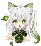  +_+ 1girl :o animal_ear_fluff animal_ears bangs blush bow cat_ears clenched_hands cropped_torso fang flying_sweatdrops genshin_impact gold_trim gotou_(nekocat) green_bow green_eyes hair_between_eyes kemonomimi_mode long_hair looking_at_viewer multicolored_hair nahida_(genshin_impact) one_side_up open_mouth paw_pose pointy_ears simple_background solo streaked_hair white_background 