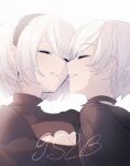  1boy 1girl bangs black_choker black_dress black_jacket cheer_(cheerkitty14) choker cleavage_cutout closed_eyes closed_mouth clothing_cutout dress facing_another grey_background grin highres jacket juliet_sleeves long_sleeves nier:automata nier_(series) portrait profile puffy_sleeves short_hair smile teeth white_hair yorha_no._2_type_b yorha_no._9_type_s 