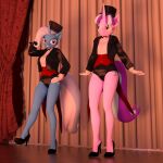  2018 5_fingers anthro bare_legs black_bow_tie black_clothing black_coat black_hat black_headwear black_heels black_panties black_suit black_tie_(suit) black_topwear black_underwear blue_body blue_fur blue_hair blue_tail bow_tie clothing coat cutie_mark dance_shoes dancewear dancing daz3d dress_shirt duo equid equine eyelashes female fingers fluffy fluffy_tail footwear friendship_is_magic fur glistening glistening_clothing glistening_coat glistening_panties glistening_topwear glistening_underwear gloves grin grinning_at_viewer hair handwear hasbro hat headgear headwear hi_res high_heels horn horse kick looking_at_another looking_at_viewer mammal multicolored_hair my_little_pony on_stage panties pink_body pink_fur pink_horn plantigrade pony pumps purple_body purple_eyes purple_fur purple_tail raised_heel red_clothing red_curtains red_topwear red_vest shirt shirt_cuffs shoes smile smiling_at_viewer stage stage_curtains starlight_glimmer_(mlp) stiletto_heels suit tail tap_dancing tap_shoes theowlgoesmoo top_hat topwear trixie_(mlp) two_tone_hair two_tone_tail underwear unicorn unicorn_horn vest white_clothing white_curtains white_dress_shirt white_gloves white_handwear white_tail wood_floor 