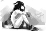  2017 anthro black_nose canid clothing dated ears_back female footwear hair long_hair mammal monochrome mouth_closed narrowed_eyes pivoted_ears shoes side_view signature simple_background sitting solo unknowhiter 
