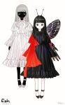  2girls absurdres antennae arms_at_sides bangs black_footwear black_hair black_skin black_wings blood blood_on_face blood_on_leg blunt_bangs butterfly_girl butterfly_wings closed_eyes closed_mouth colored_skin contrast copyright_name dress dual_persona expressionless facing_viewer full_body grey_hair highres long_hair looking_at_viewer meiling_(pet) multiple_girls pet_(ranjou_miyake) pink_eyes pink_footwear purple_eyes rabbyxxx shoes sidelocks signature simple_background white_background white_dress wings 