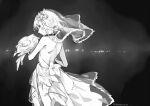  1girl accelerator_(toaru_majutsu_no_index) albino ambiguous_gender androgynous back bangs bare_legs black_background black_choker bouquet bow bridal_veil choker cowboy_shot dress dress_bow flower genderswap genderswap_(mtf) greyscale hair_flower hair_ornament hands_up highres holding holding_bouquet hopetrash555 lace-trimmed_dress lace_trim legs lily_(flower) limited_palette looking_at_viewer looking_back monochrome pale_skin pixie_cut red_eyes see-through short_hair spot_color standing suzushina_yuriko toaru_majutsu_no_index veil wedding_dress white_bow white_dress white_hair wide_shot 
