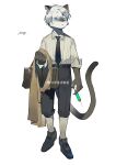  5_fingers absurd_res anthro biped blue_eyes bottomwear clothed clothing domestic_cat felid feline felis fingers footwear fully_clothed hair hi_res holding_object holding_syringe kemono male mammal milkytiger1145 necktie shoes simple_background solo syringe tail topwear watermark white_background 