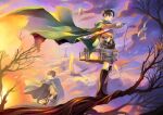  2boys belt bird black_footwear black_hair blood blood_on_weapon boots branch cloak cloud eren_yeager holding holding_weapon levi_(shingeki_no_kyojin) multiple_boys nattou-toufu parted_lips shingeki_no_kyojin short_hair standing_on_branch thigh_belt thigh_strap tree weapon white_bird 