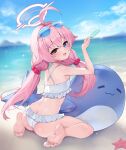  2drr ahoge arm_up ass barefoot beach bikini blue_archive blush butt_crack cloud commentary eyewear_on_head feet food from_behind halo heterochromia hoshino_(blue_archive) hoshino_(swimsuit)_(blue_archive) inflatable_toy inflatable_whale long_hair looking_back ocean open_mouth outdoors pink_hair popsicle sitting sky soles sunglasses swimsuit thighs toes twintails white_bikini 