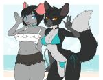  2018 5_fingers alpha_channel anthro beach bikini biped black_bottomwear black_clothing black_collar black_nose blue_bikini blue_clothing blue_collar blue_eyes blue_sky blue_swimwear border bottomwear breasts bulge canid canine cleavage clothed clothing cloud collar countershade_face countershade_fur countershade_legs countershade_thighs countershade_torso countershading digital_media_(artwork) dipstick_tail duo eyebrow_through_hair eyebrows female fingers fox fur gesture grey_body grey_fur gynomorph hair hannah_(volpethrope) herm_(lore) intersex mammal markings mouse murid murine navel orange_eyes outside pink_inner_ear pink_nose portrait rodent sand sea seaside sky standing swimwear tabitha_(fredrykh) tail tail_markings three-quarter_portrait topwear translucent translucent_hair transparent_border v_sign water white_clothing white_topwear zyira 