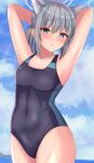 1girl absurdres animal_ears armpits arms_behind_head bangs blue_archive blue_eyes blue_sky blurry blush cloud cloudy_sky collarbone commentary_request competition_swimsuit covered_navel cross_hair_ornament depth_of_field ear_piercing grey_hair groin hair_between_eyes hair_ornament halo highres horizon looking_at_viewer medium_hair mismatched_pupils mitomumitomu ocean official_alternate_costume one-piece_swimsuit piercing ponytail presenting_armpit school_swimsuit shiroko_(blue_archive) shiroko_(swimsuit)_(blue_archive) sidelocks sky sleeveless solo sunlight swimsuit wet wet_clothes wet_swimsuit wolf_ears wolf_girl 