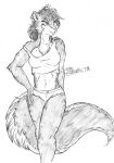  2018 anthro bottomwear brianna_jackson chest_tuft chin_piercing clothing ear_piercing ear_ring female fur hair half-closed_eyes hand_on_hip hi_res looking_away mammal marcushunter mephitid mouth_closed narrowed_eyes piercing ring_piercing shirt shorts signature skunk solo standing tank_top topwear tuft 