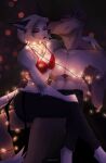  2017 anthro artist_name black_bottomwear black_clothing black_ears black_pants bottomwear bra brown_body brown_fur brown_hair canid clothing dated duo ear_piercing eyelashes eyes_closed fairy_lights felid female fur gauged_ear grey_body grey_fur hair hi_res kissing male mammal mouth_closed nude on_lap pants piercing red_bra red_clothing red_underwear romantic romantic_couple sitting underwear unknowhiter white_body white_fur white_hair 