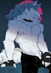  2023 9klipse anthro blue_body blue_fur bottomwear brand_new_animal canid canine canis clothed clothing collar fingerless_gloves fur gloves handwear hi_res looking_at_viewer male mammal multicolored_body multicolored_fur muscular muscular_anthro muscular_male pants pubes shirou_ogami solo studio_trigger topless topless_anthro topless_male two_tone_body two_tone_fur white_body white_fur wolf 
