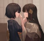  2girls bad_link bangs black_kimono breasts brown_eyes brown_hair chorefuji closed_mouth commentary_request eye_contact from_side grey_eyes hair_ornament hands_up highres japanese_clothes kimono long_hair looking_at_another multiple_girls orange_sash original short_hair sweat 