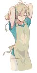  1boy apron blue_shirt hanazono_momohito heart_on_cheek highres idolmaster idolmaster_side-m idolmaster_side-m_growing_stars kame_(unaikodori) light_green_hair male_focus pants pink_eyes shirt short_hair short_sleeves solo twitter_username tying_apron white_background white_pants 