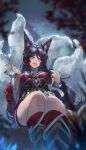  1girl absurdres ahri_(league_of_legends) animal_ears black_hair bracelet breasts facial_mark fox_ears fox_tail highres jewelry kanniiepan korean_clothes large_breasts league_of_legends long_hair looking_at_viewer multiple_tails open_mouth sitting solo tail whisker_markings yellow_eyes 